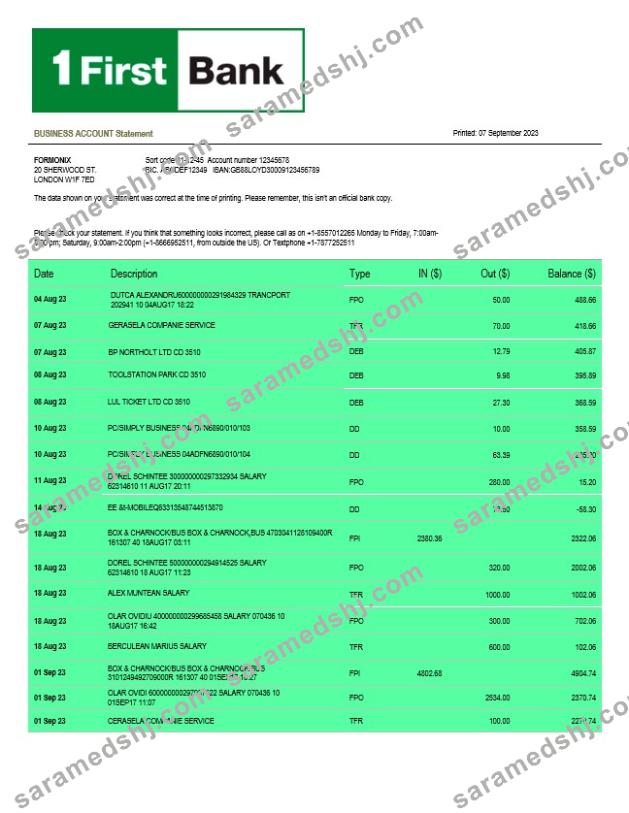 First Bancorp Bank Business statement Word and PDF template